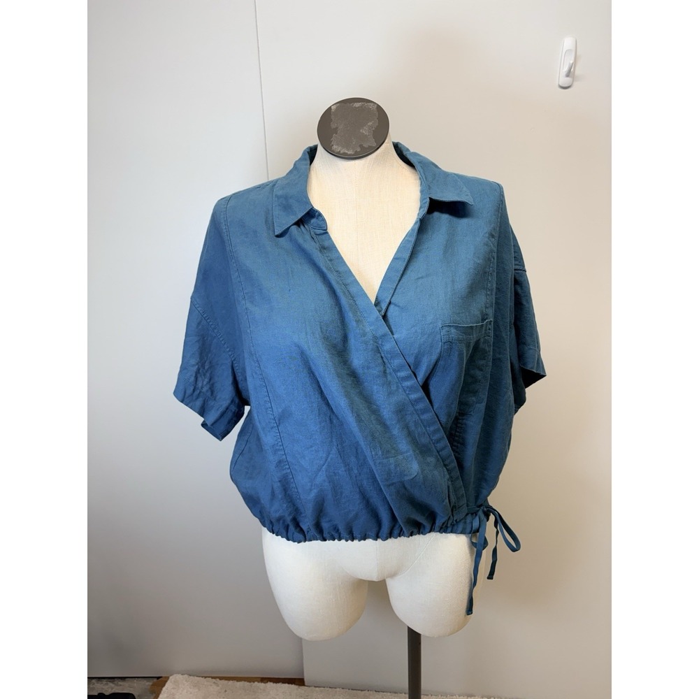 Athleta Women's Teal Playa 100% Linen Tie WrapShort Sleeve Collared Top- 3x NWOT